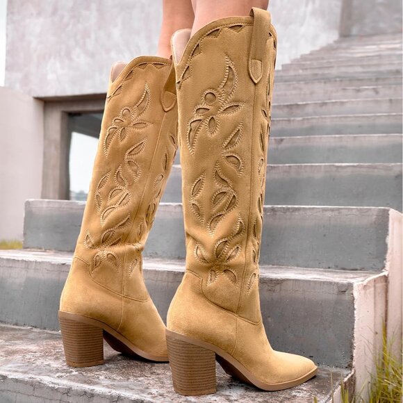 ⚡Women's Suede Brown Faux Leather Western Boots Pull On Tab Chunky Heel Design - Picture 7 of 7